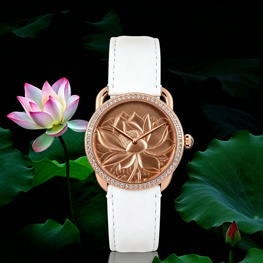 Buddha hour 38mm Lotus Relief Watch – Buddhist women's luxury timepiece with Swarovski crystals, sapphire crystal glass, genuine leather strap
