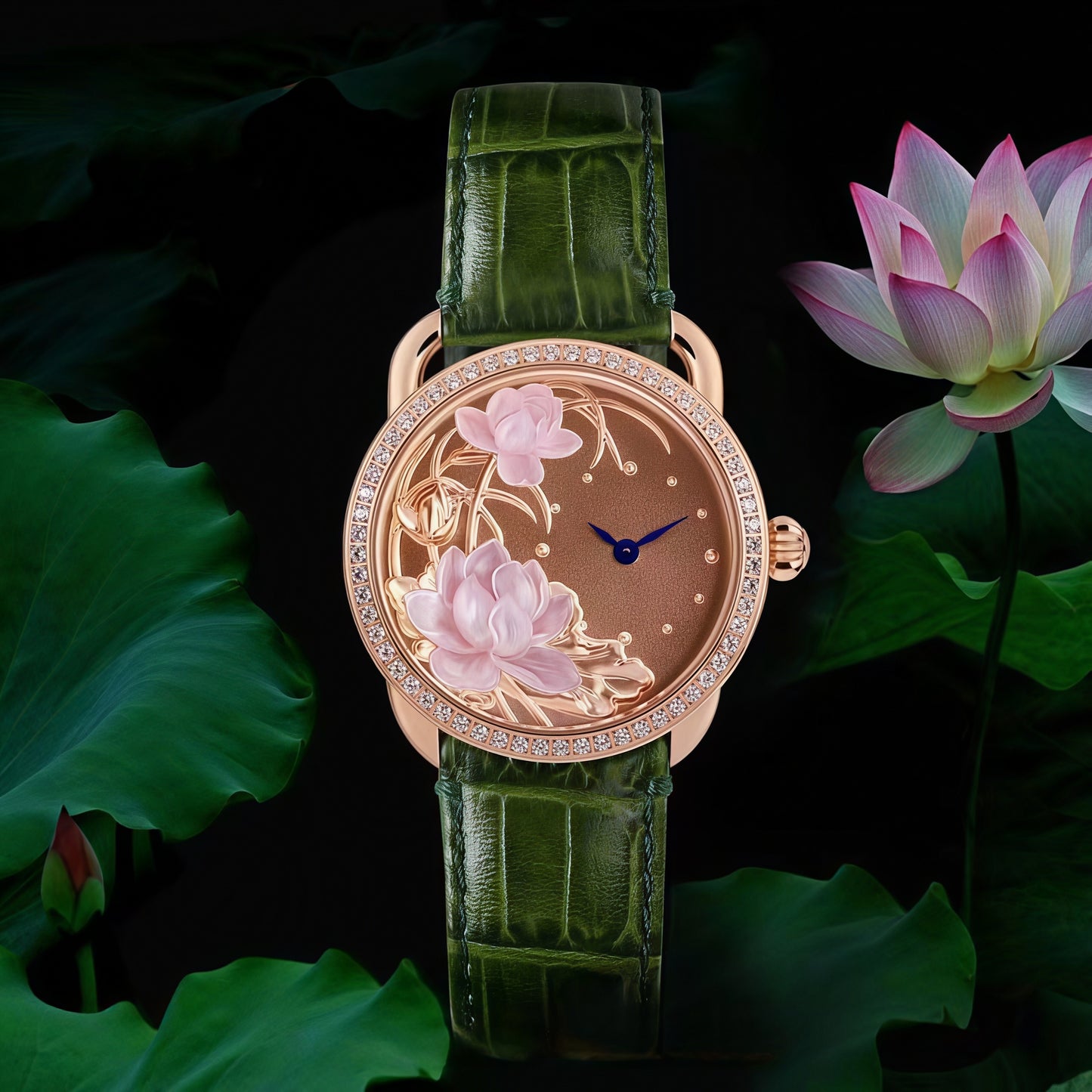 Buddha Hour Double Lotus Mother of Pearl Relief Watch – Buddhist luxury couple timepiece, deep-sea pearl dial, Swarovski crystals, green & red strap, 38mm & 43mm