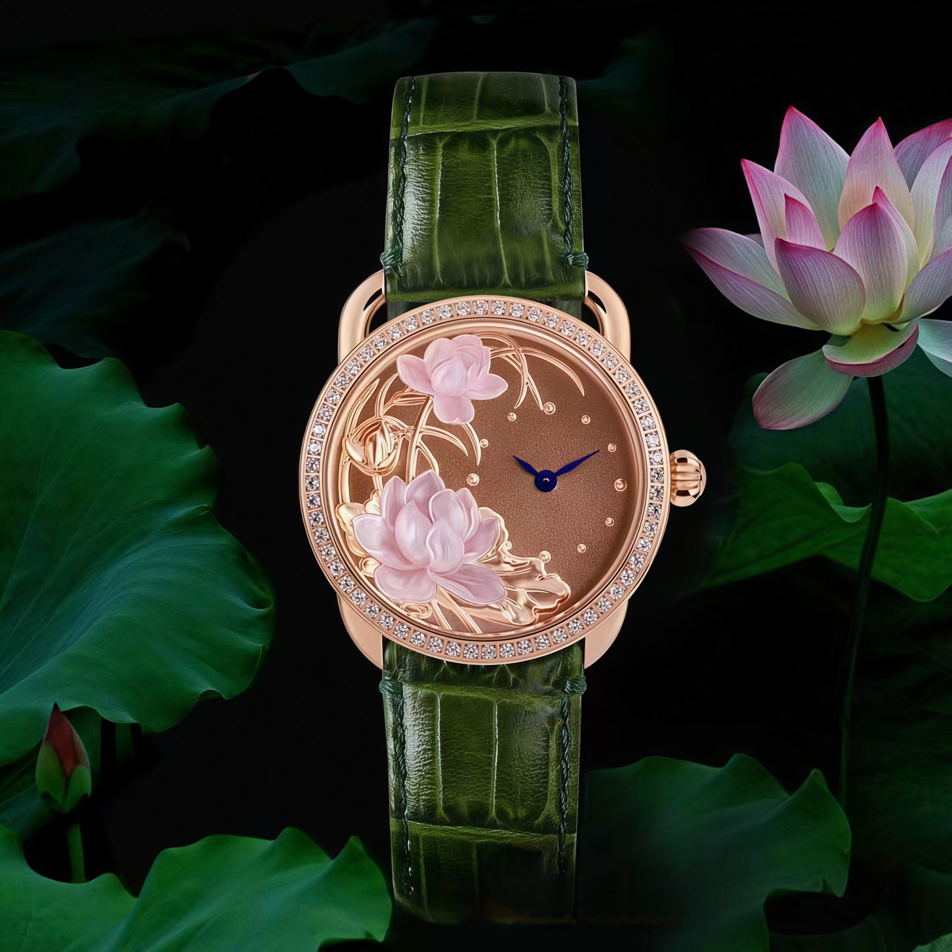 Buddha Hour Double Lotus Mother of Pearl Relief Watch – Buddhist luxury couple timepiece, deep-sea pearl dial, Swarovski crystals, green & red strap, 38mm & 43mm