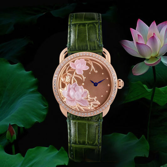 Buddha Hour Double Lotus Mother of Pearl Relief Watch – Buddhist luxury couple timepiece, deep-sea pearl dial, Swarovski crystals, green & red strap, 38mm & 43mm
