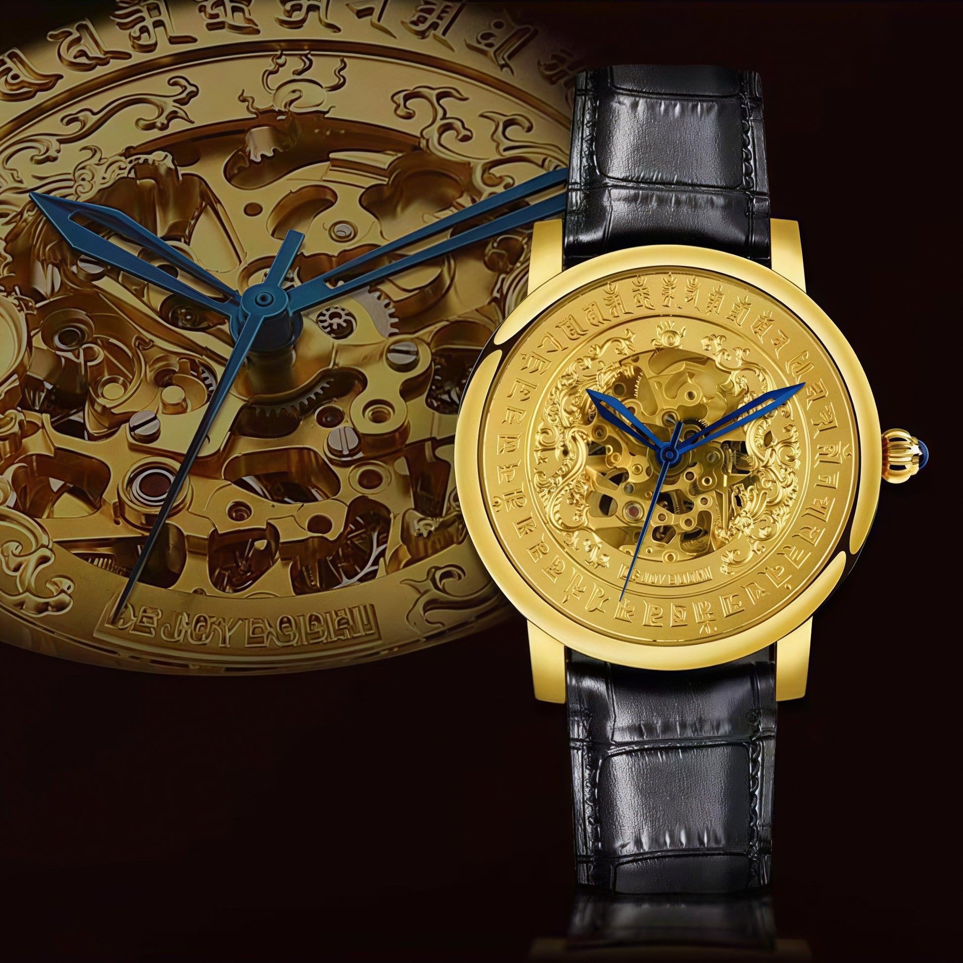 Buddha Hour 45mm Cundi Bodhisattva Relief Mechanical Watch – Buddhist luxury timepiece, Zhunti dharani engraving, Citizen movement, 24K gold & black case, sapphire crystal