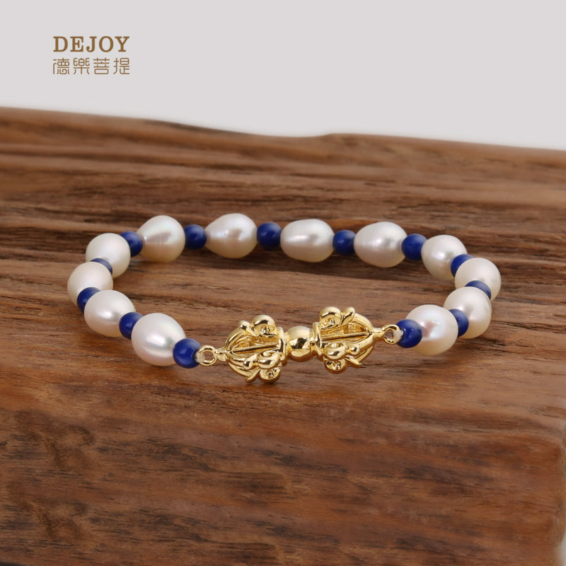 Kyanite Pearl Vajra Pestle Prayer Bracelet | Buddhist Gemstone Jewelry
