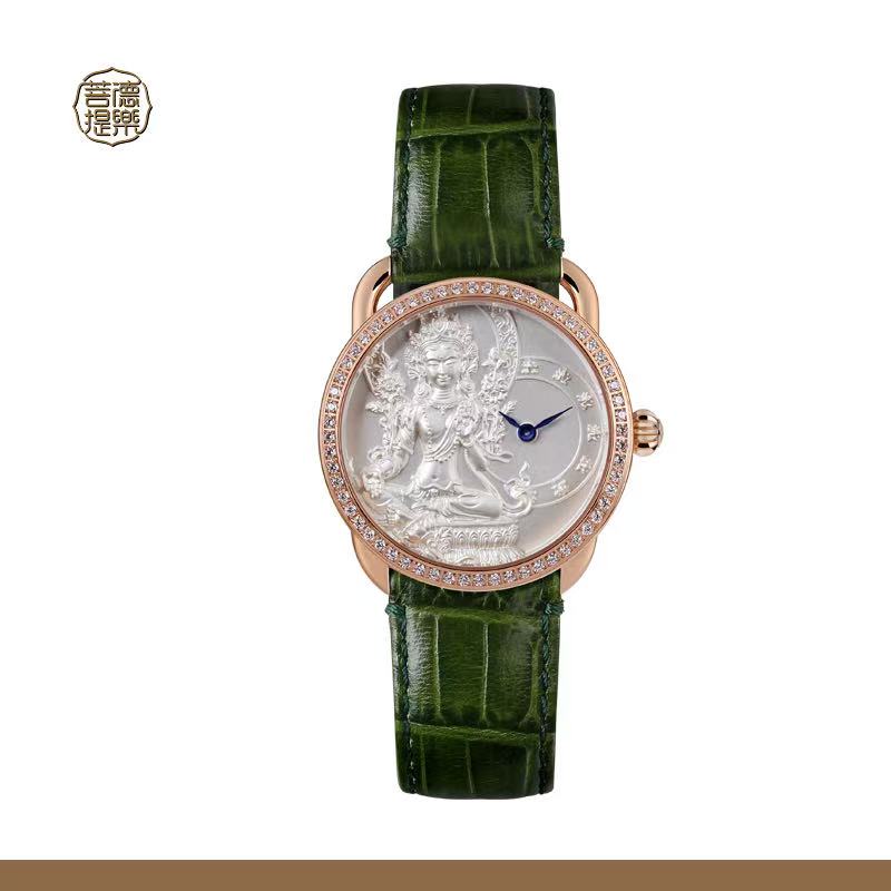 【DEJOY BODHI】38mm Green Arya Tara Relief Watch | Buddhist Women's Luxury Timepiece