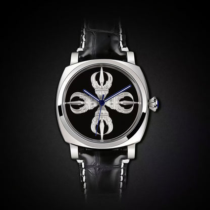 Buddha Hour Double Vajra Mechanical Watch – Tibetan Buddhist luxury timepiece, automatic mechanical movement, sacred double vajra engraving, unisex
