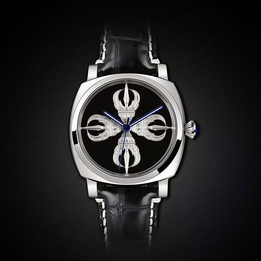 Buddha Hour Double Vajra Mechanical Watch – Tibetan Buddhist luxury timepiece, automatic mechanical movement, sacred double vajra engraving, unisex